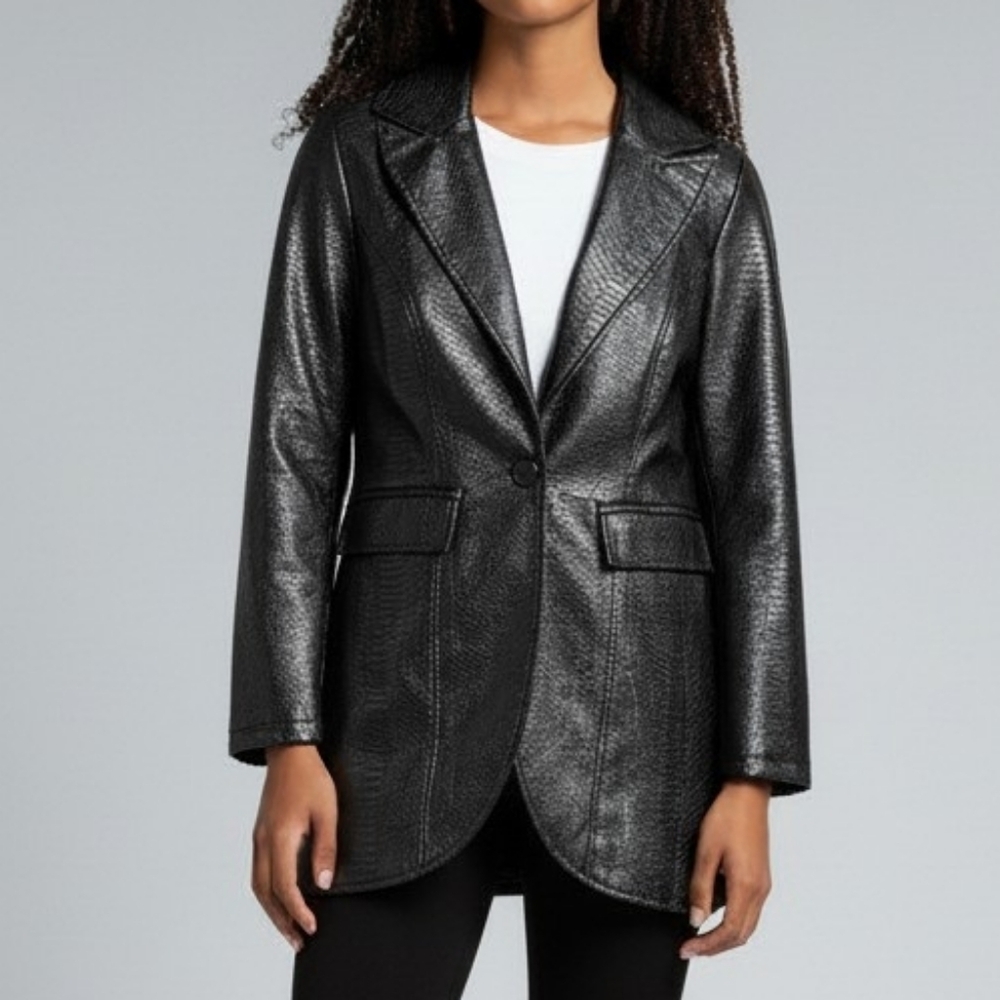 RaboSam Black Faux Snakeskin Blazer Metallic  Fringe Sleeve  Jacket US 1